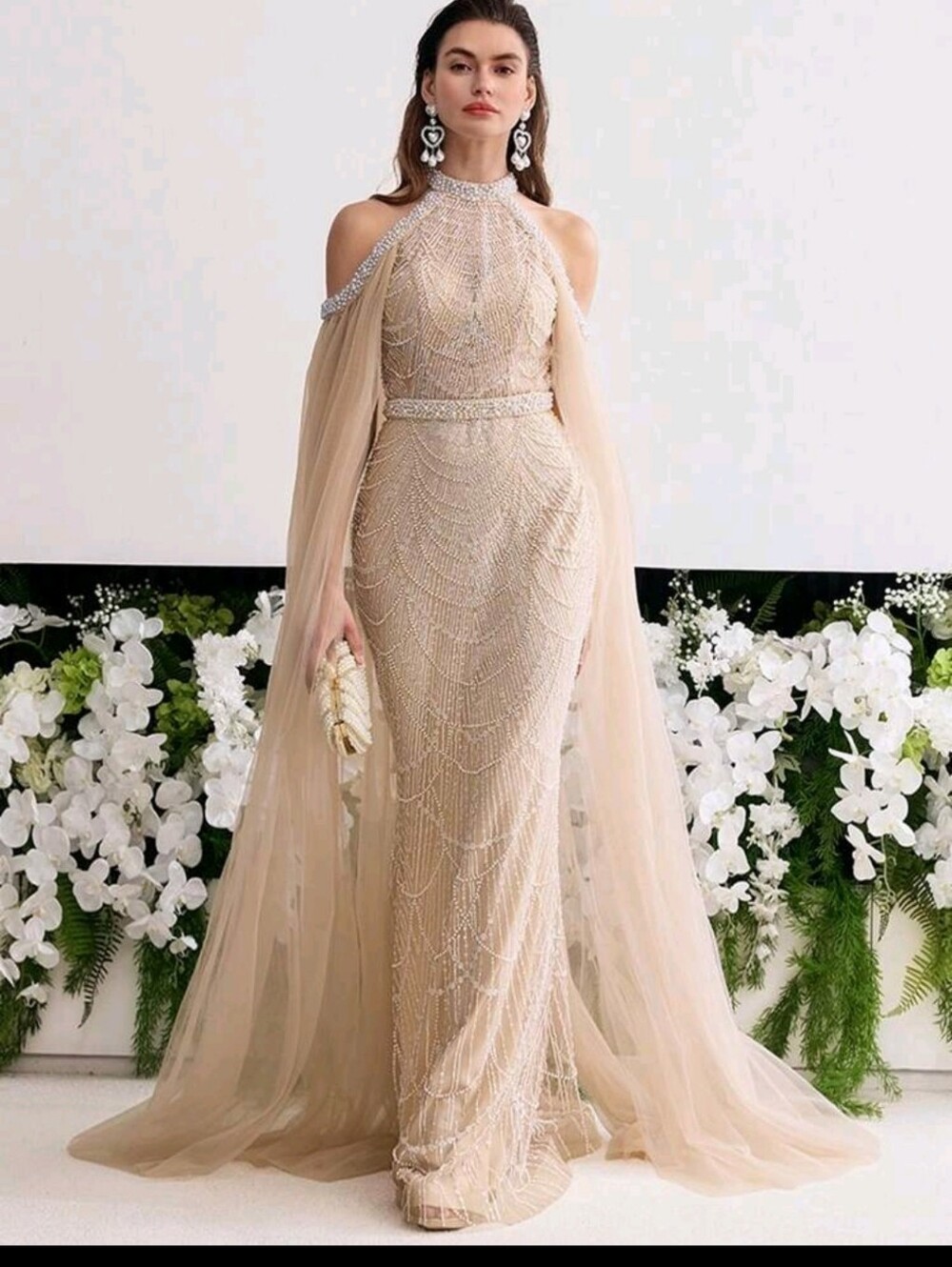 Champagne Embellished Evening Gown with Cape